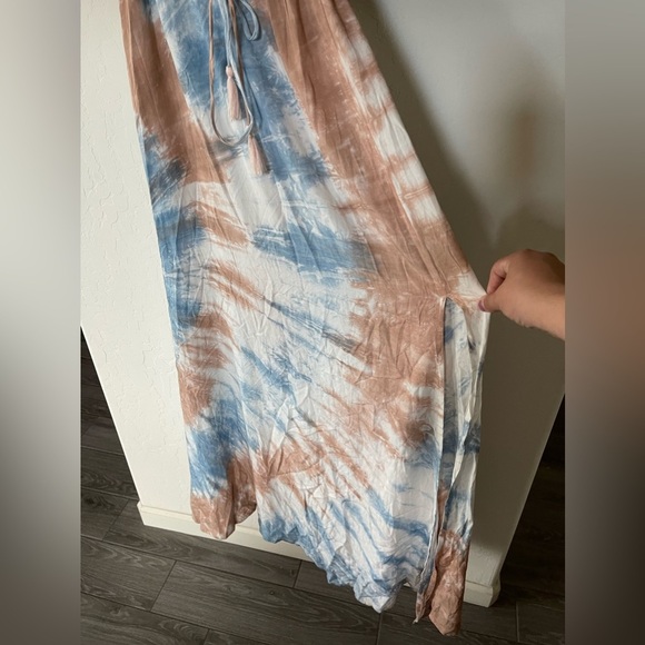 Aakaa|Strapless Blush Pink & Blue Tie Dye Maxi Dress with Deep Slit, Size M••• - Picture 7 of 16
